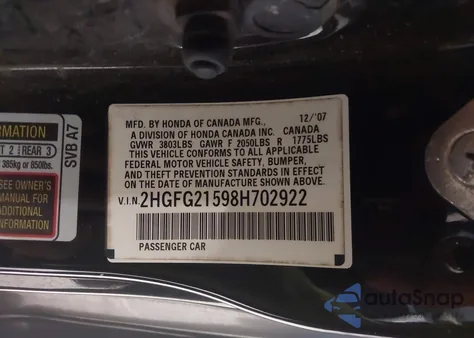 2008 Honda Civic Si z USA, uszkodzony, nr VIN 2HGFG21598H702922